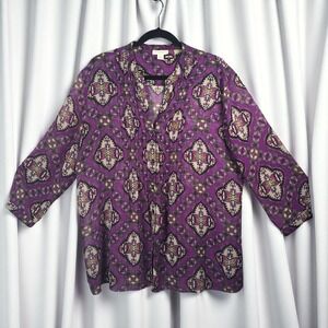 Charter Club Paisley Print Blouse Woman XL‎ Purple Button Down Pintuck Detail
